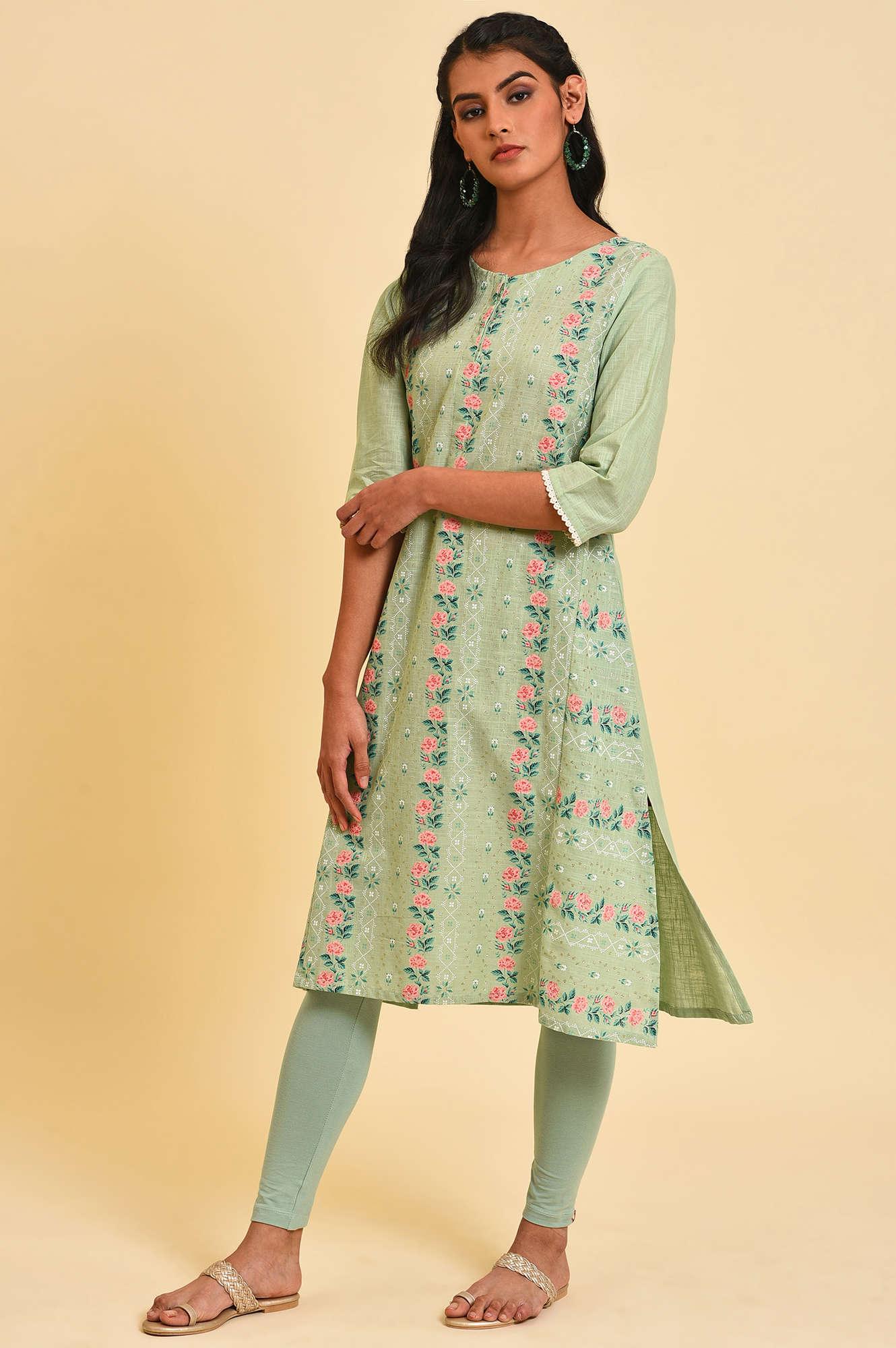 Green Glitter Printed A-Line Plus Size kurta - wforwoman