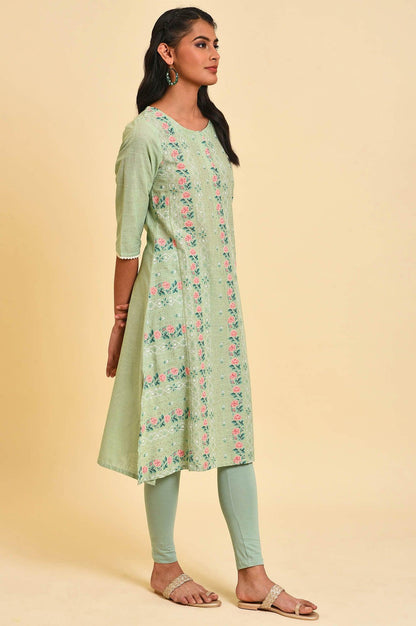 Green Glitter Printed A-Line Plus Size kurta - wforwoman