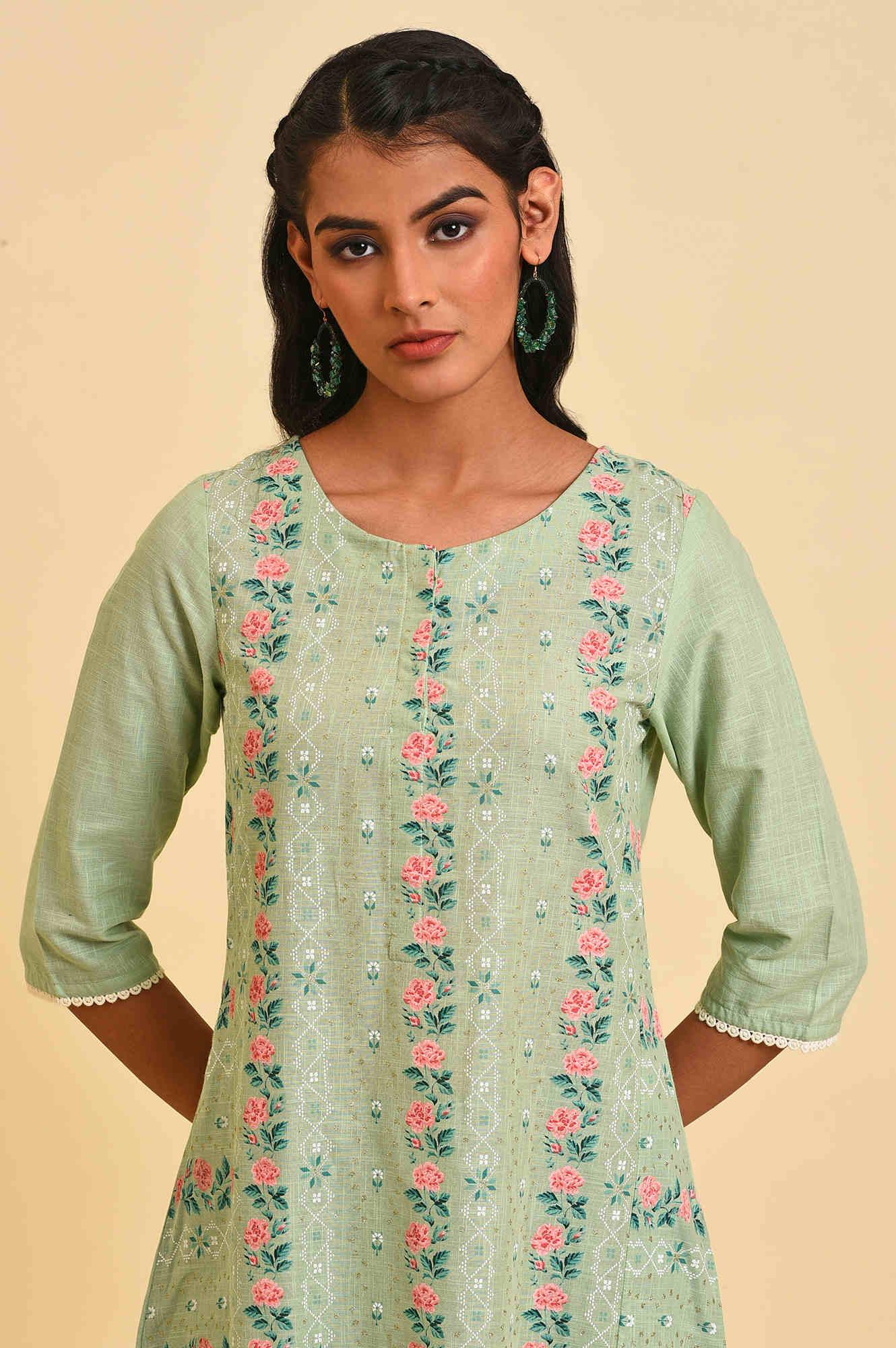 Green Glitter Printed A-Line Plus Size kurta - wforwoman