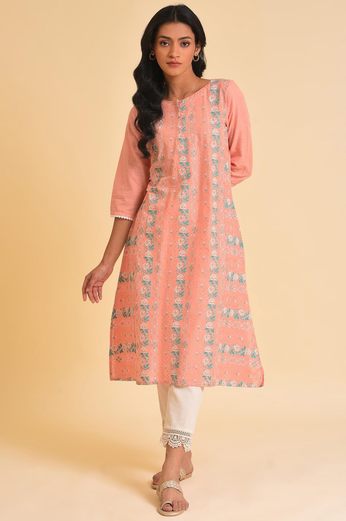 Peach Glitter Printed A-Line Plus Size kurta - 20