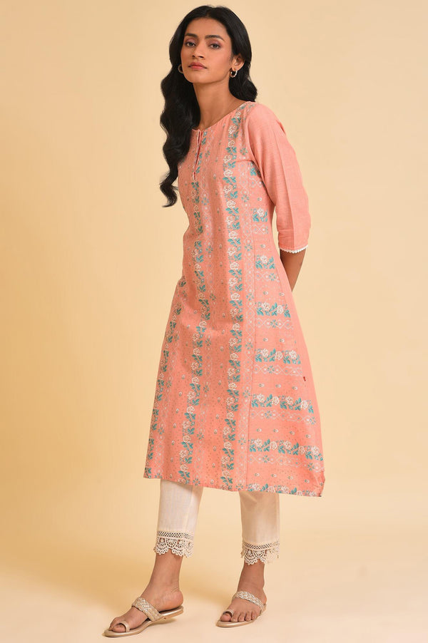 Peach Glitter Printed A-Line Plus Size kurta