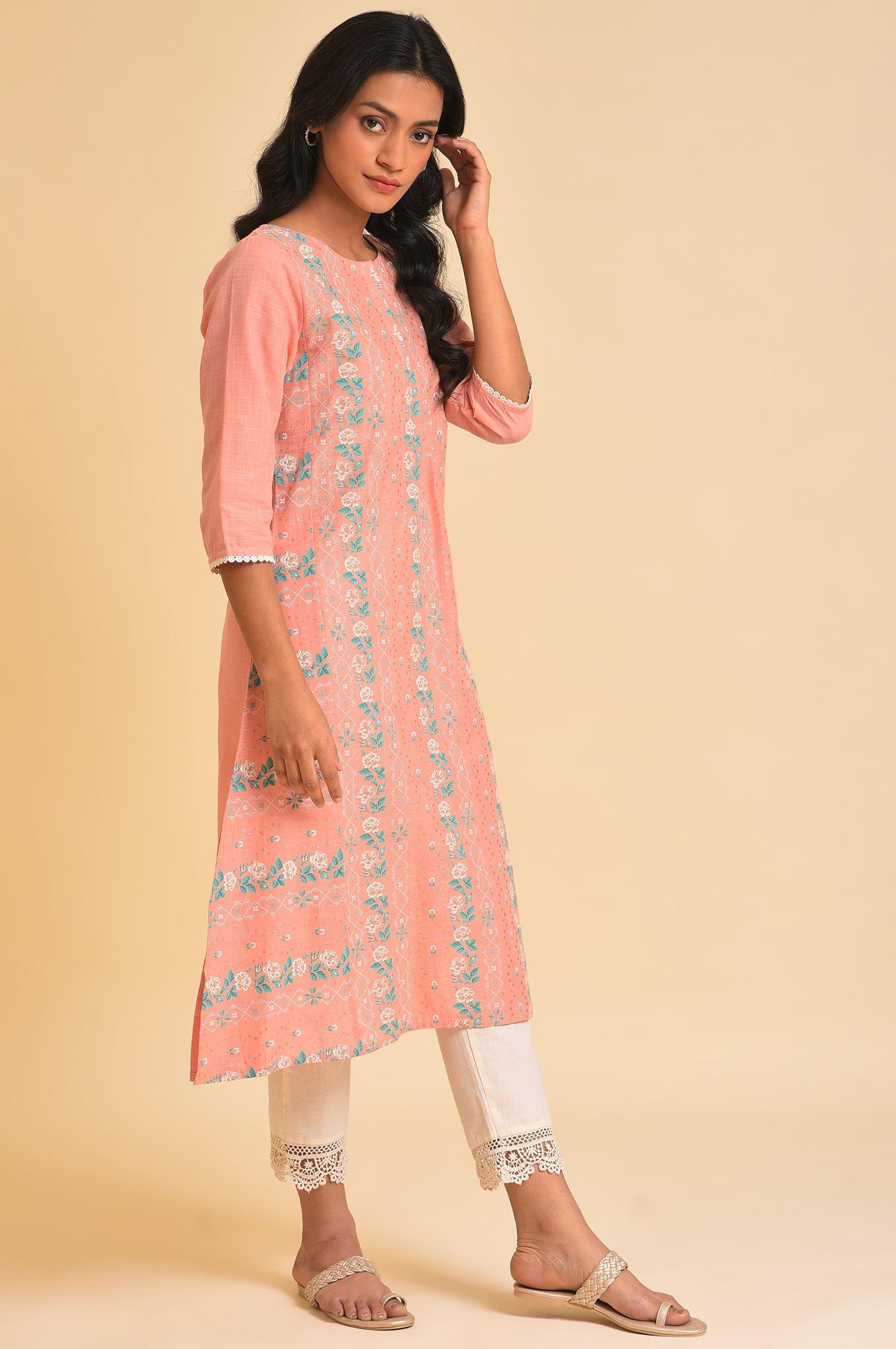 Peach Glitter Printed A-Line Plus Size kurta - wforwoman