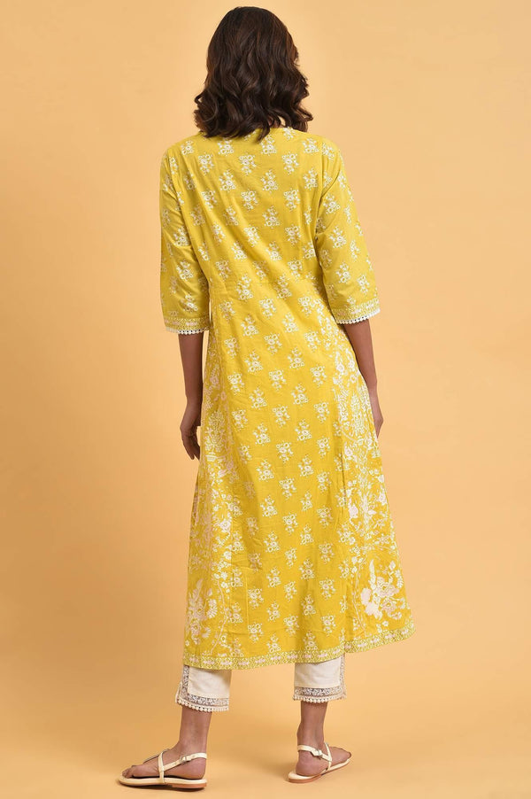 Yellow Cotton Floral Printed Flared Plus Size kurta