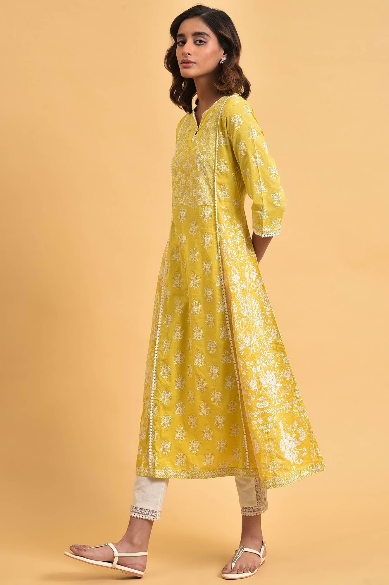 Yellow Cotton Floral Printed Flared kurta - wforwoman