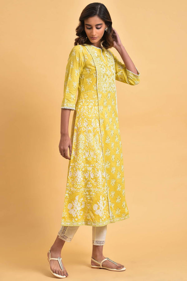 Yellow Cotton Floral Printed Flared Plus Size kurta