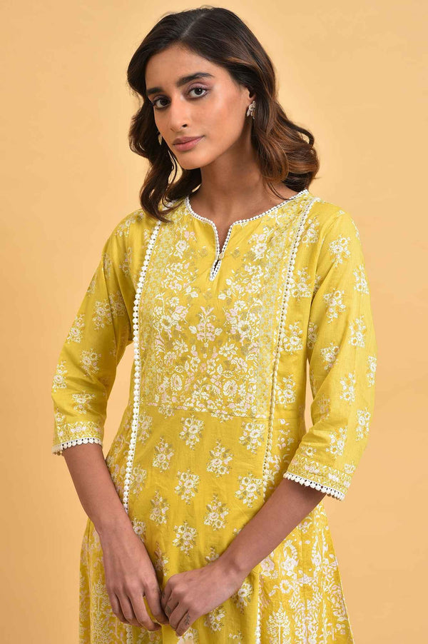 Yellow Cotton Floral Printed Flared Plus Size kurta
