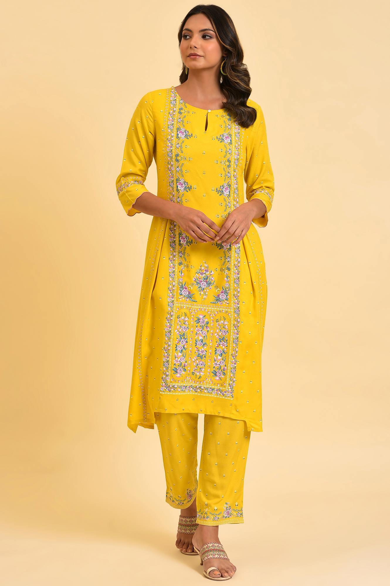 Yellow Glitter Printed Plus Size A-Line kurta - wforwoman