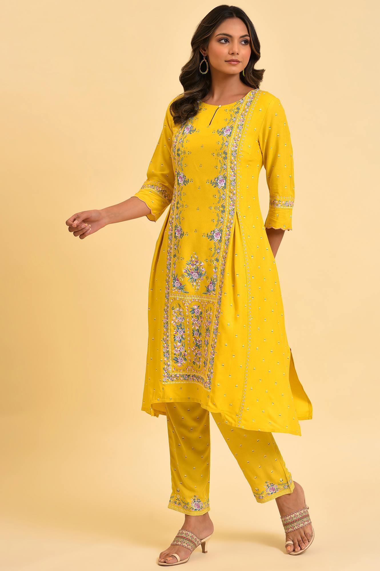 Yellow Glitter Printed Plus Size A-Line kurta - wforwoman