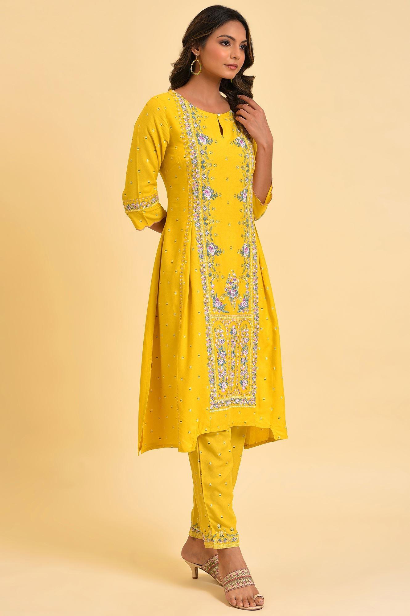 Yellow Glitter Printed Plus Size A-Line kurta - wforwoman