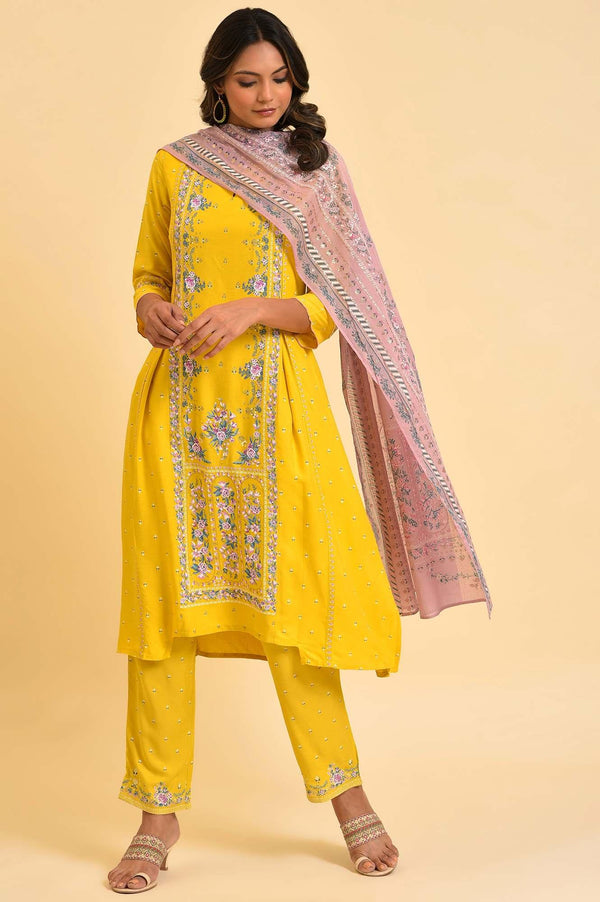 Yellow Glitter Printed Plus Size A-Line kurta
