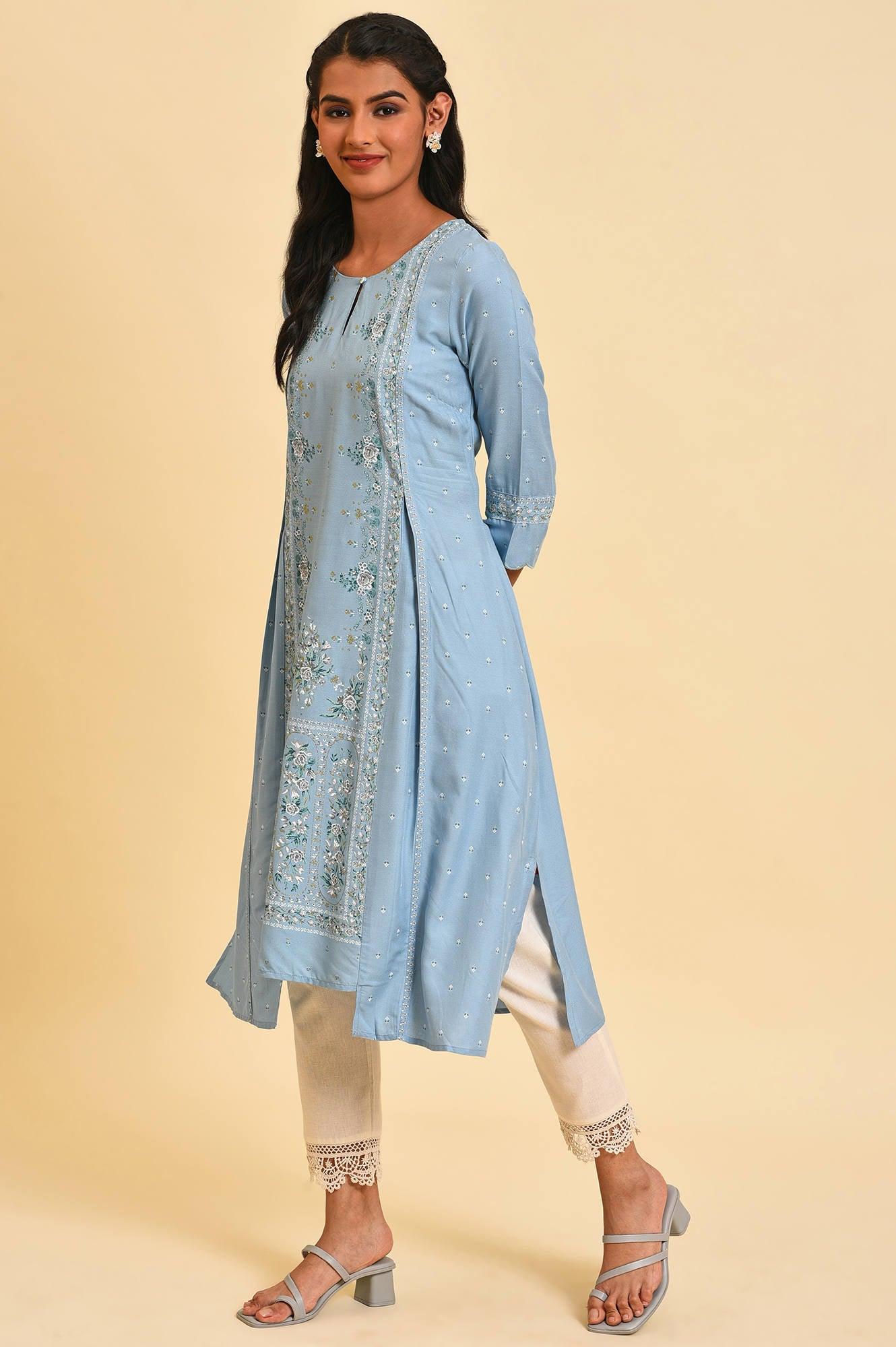 Blue Glitter Printed Plus Size A-Line kurta - wforwoman