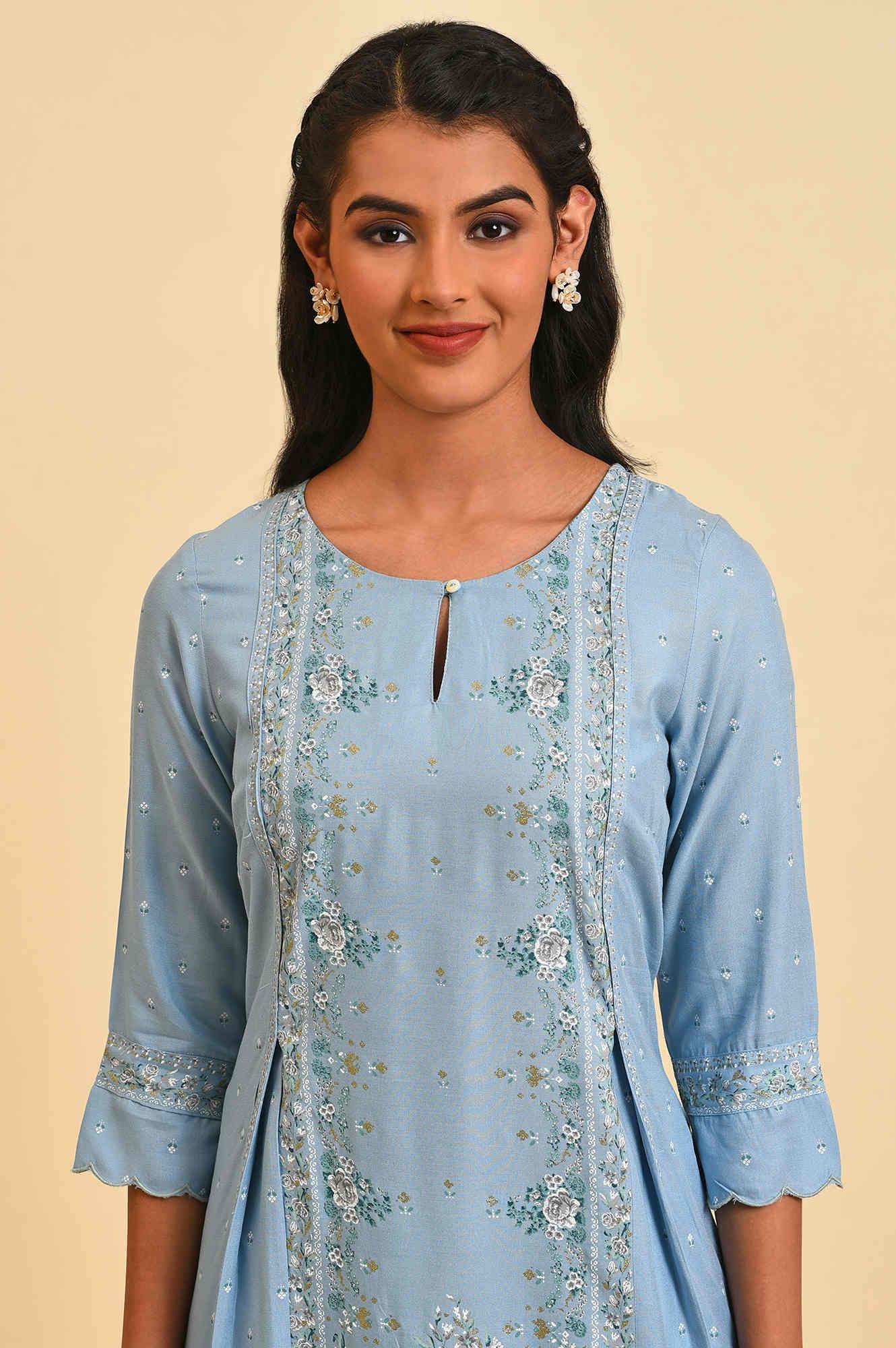 Blue Glitter Printed Plus Size A-Line kurta - wforwoman