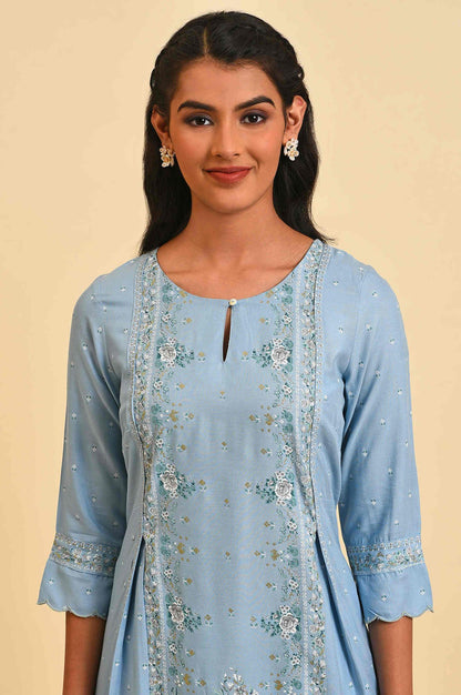 Blue Glitter Printed Plus Size A-Line kurta - wforwoman