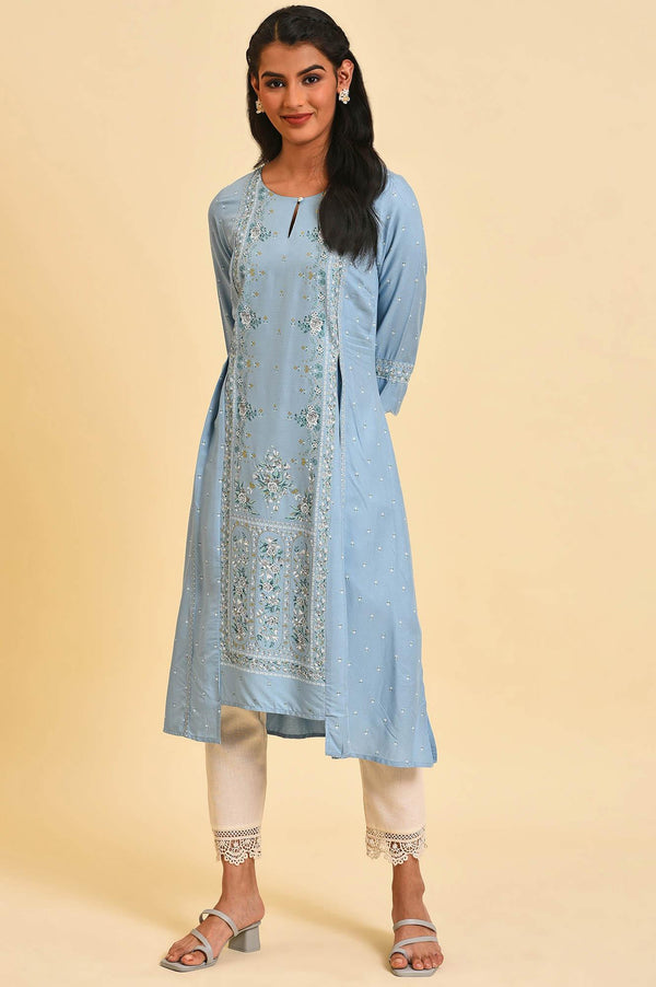 Blue Glitter Printed Plus Size A-Line kurta