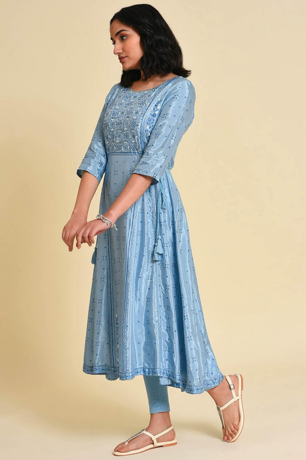 Blue Sequined Plus Size Shantung kurta