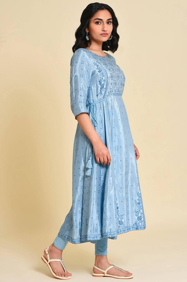 Blue Sequined Plus Size Shantung kurta