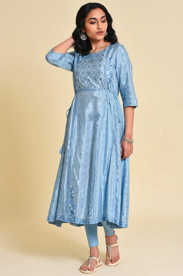 Blue Sequined Plus Size Shantung kurta