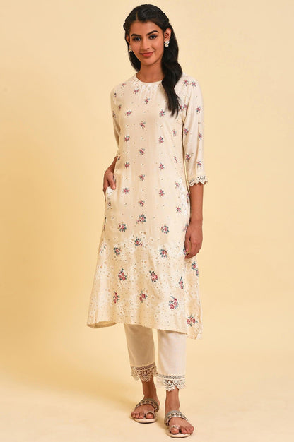 Ecru Glitter Floral Print Mix kurta - wforwoman