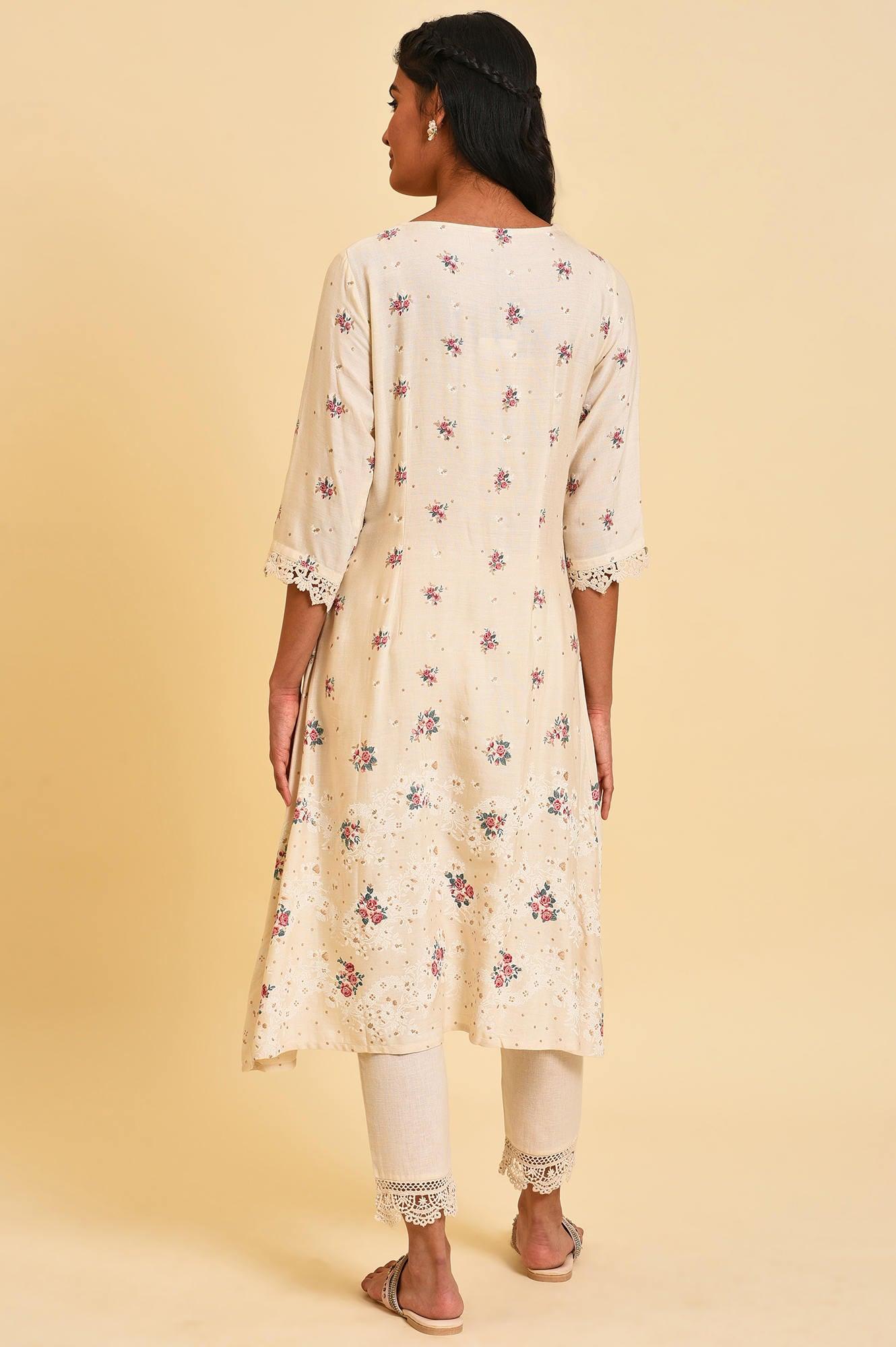 Ecru Glitter Floral Print Mix kurta - wforwoman