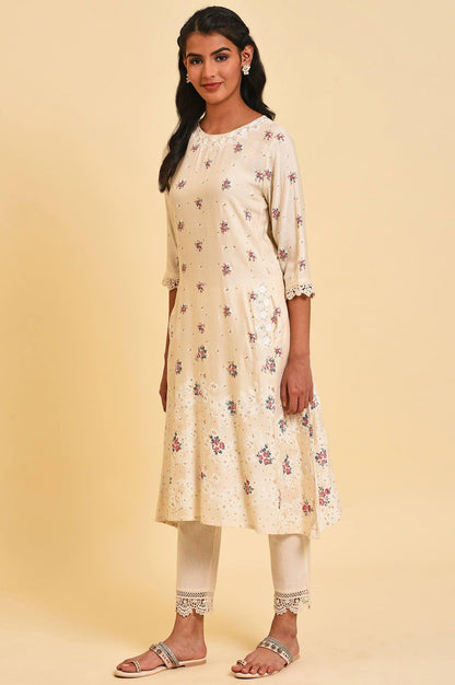 Ecru Glitter Floral Print Mix Plus Size kurta - wforwoman