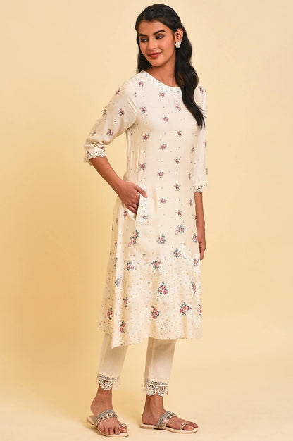 Ecru Glitter Floral Print Mix kurta - wforwoman