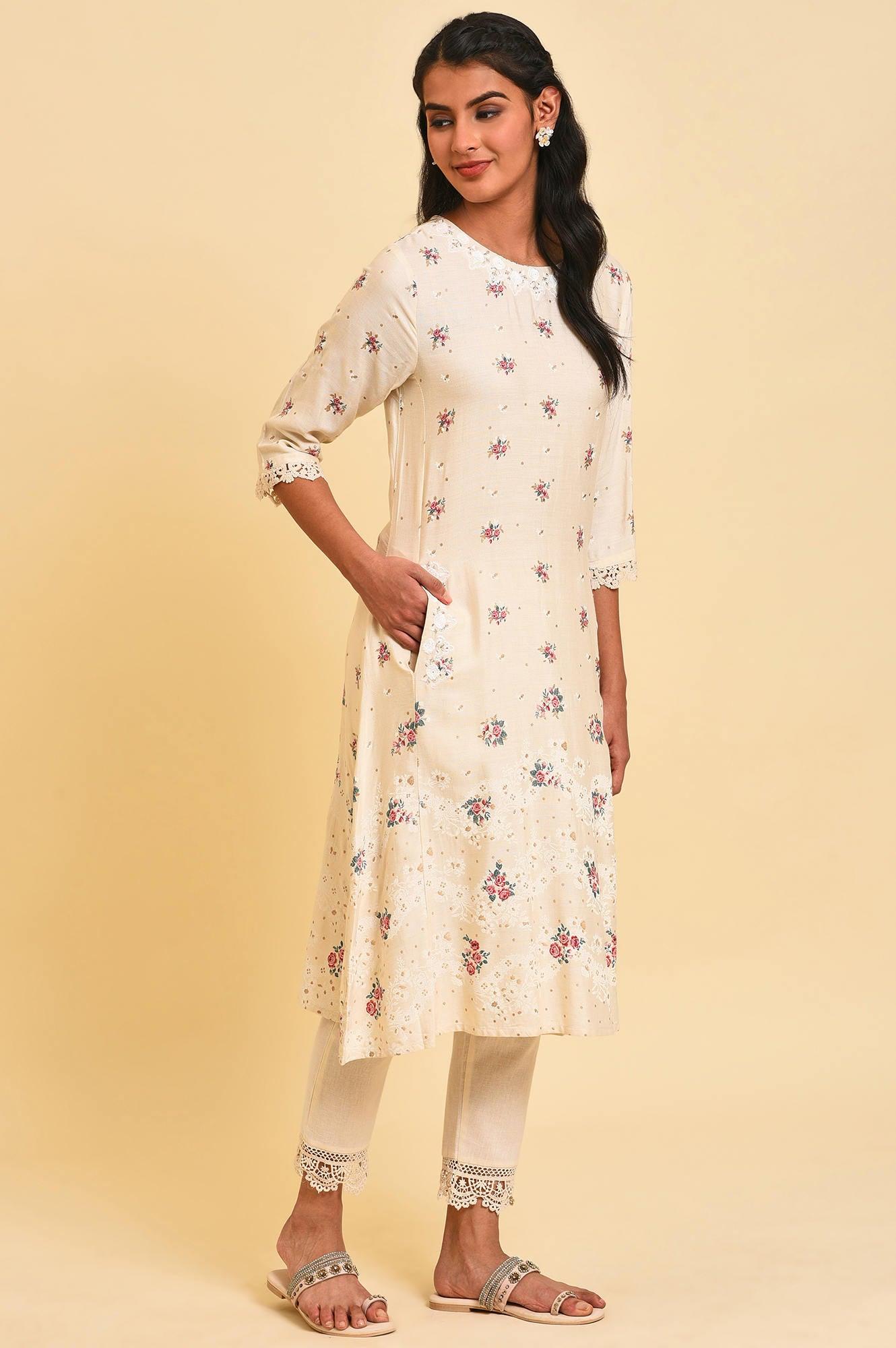 Ecru Glitter Floral Print Mix Plus Size kurta - wforwoman