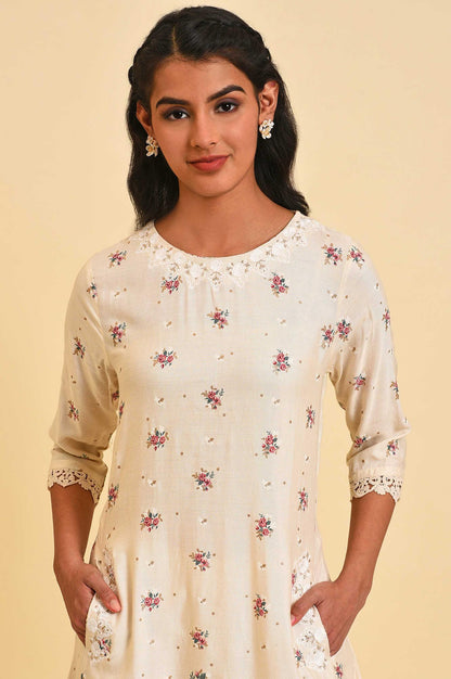 Ecru Glitter Floral Print Mix Plus Size kurta - wforwoman