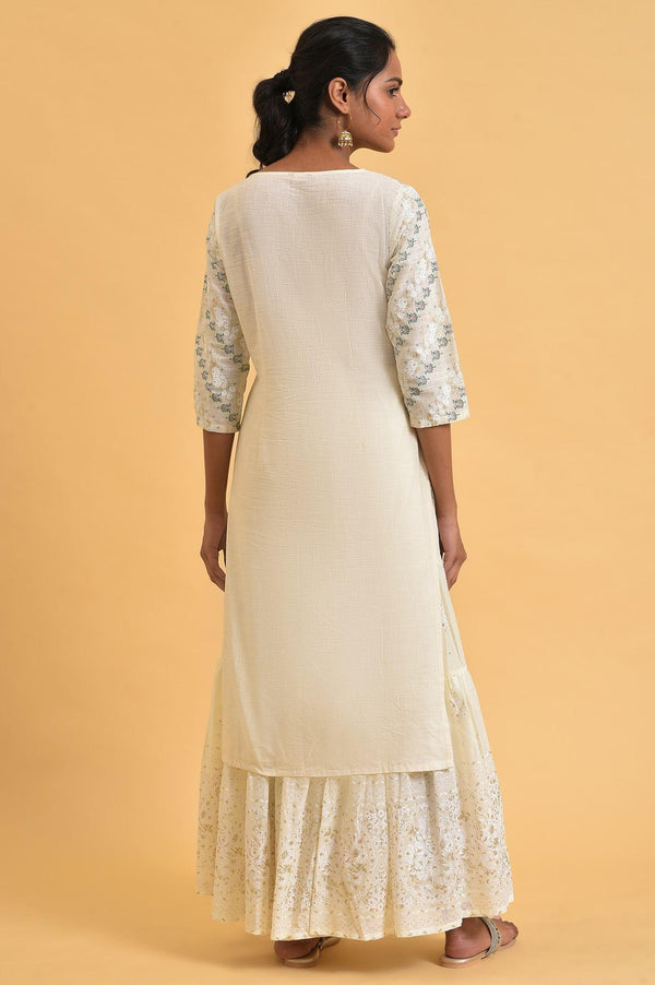 Ecru Glitter Print Round Neck kurta With Embroidery