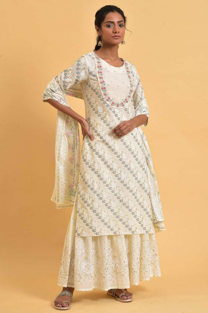 Ecru Glitter Print Round Neck kurta With Embroidery - wforwoman