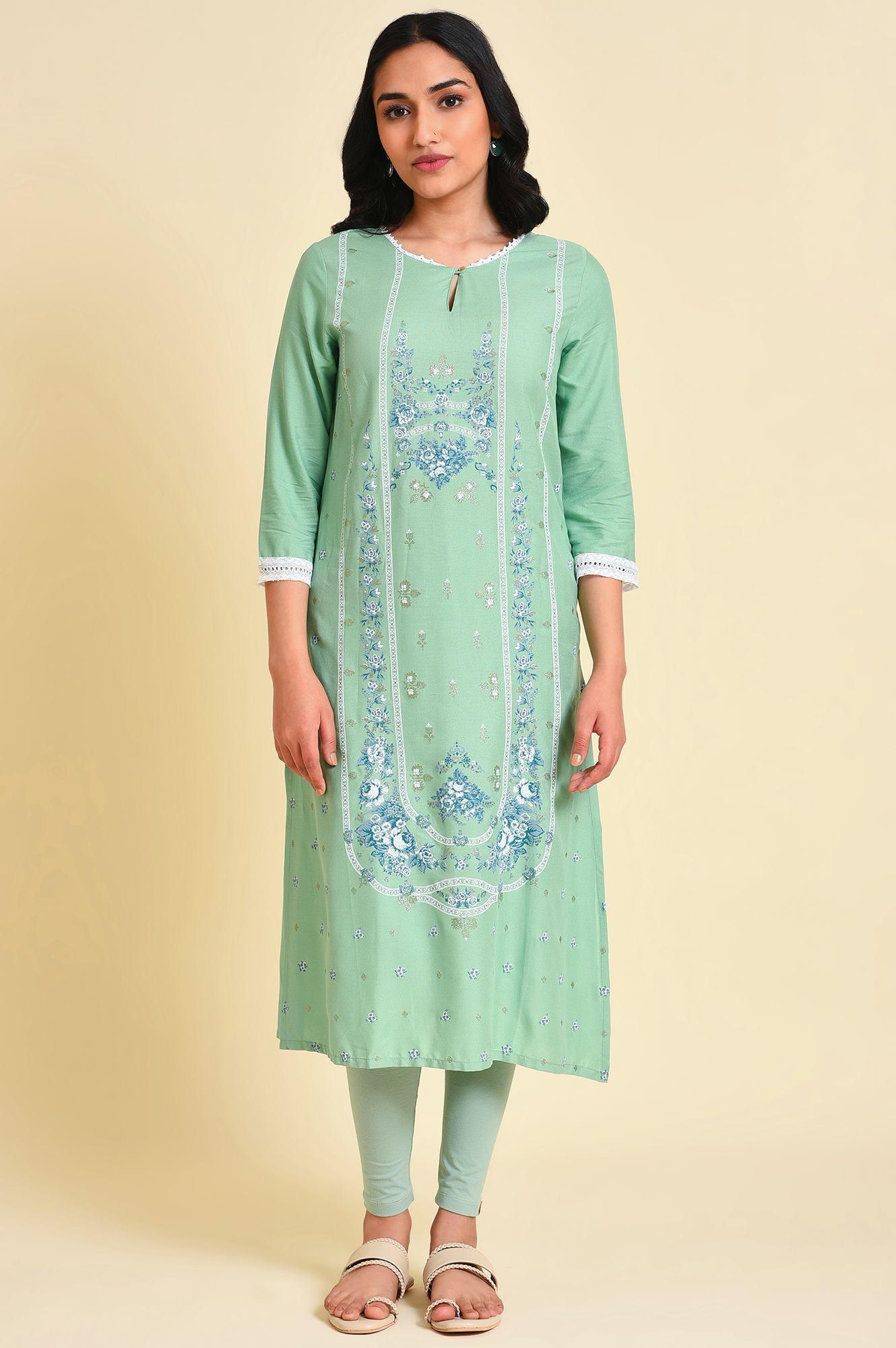 Light Green Glitter Printed Straight kurta - wforwoman