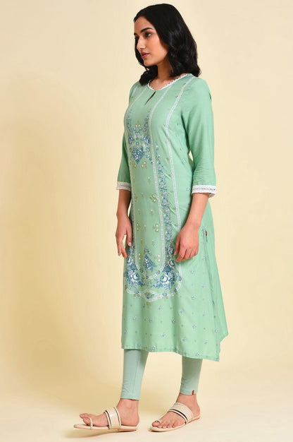 Light Green Glitter Printed Straight kurta - wforwoman