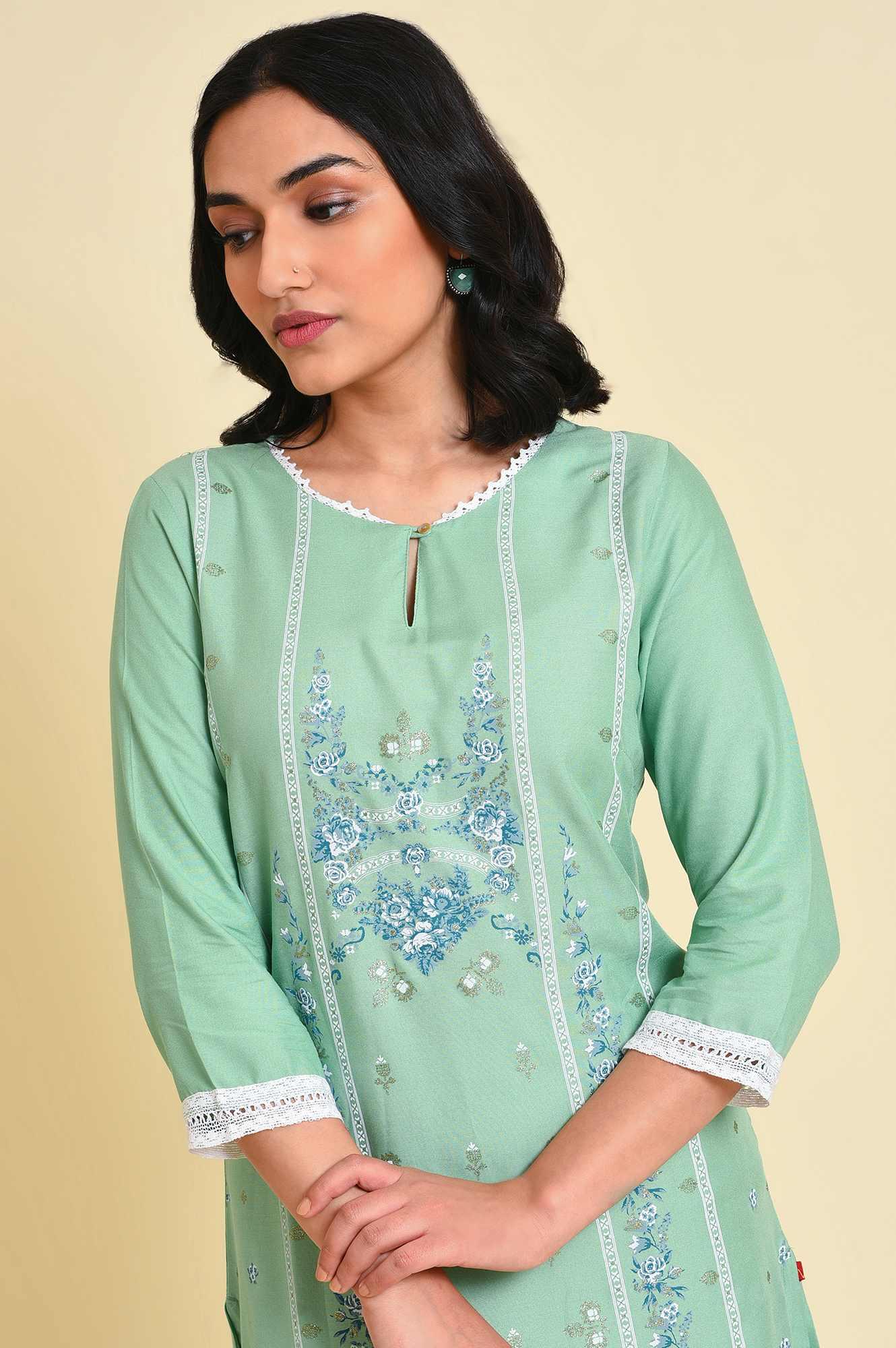 Light Green Glitter Printed Straight kurta - wforwoman