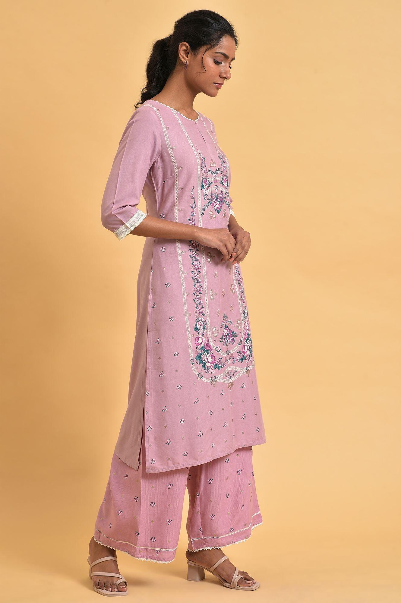 Light Purple Printed Straight kurta - wforwoman