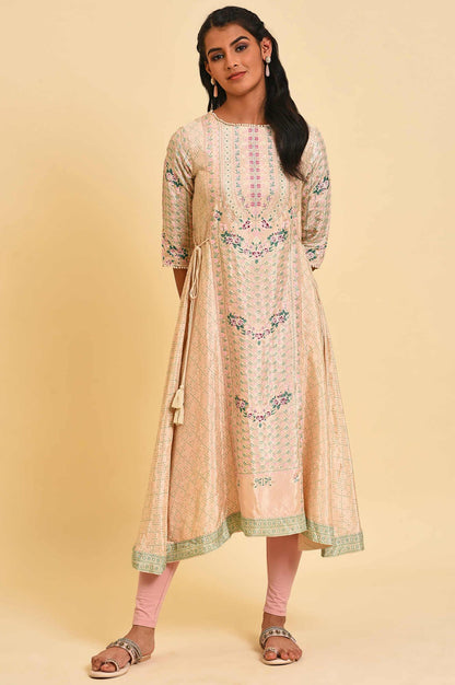 Biege Glitter Printed Flared kurta With Embroidery - wforwoman