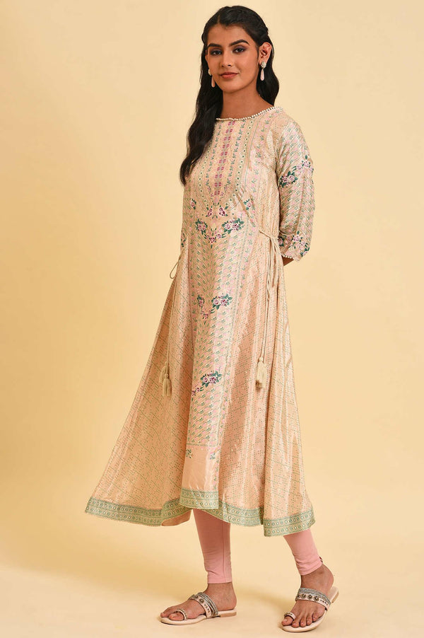 Biege Glitter Printed Flared kurta With Embroidery