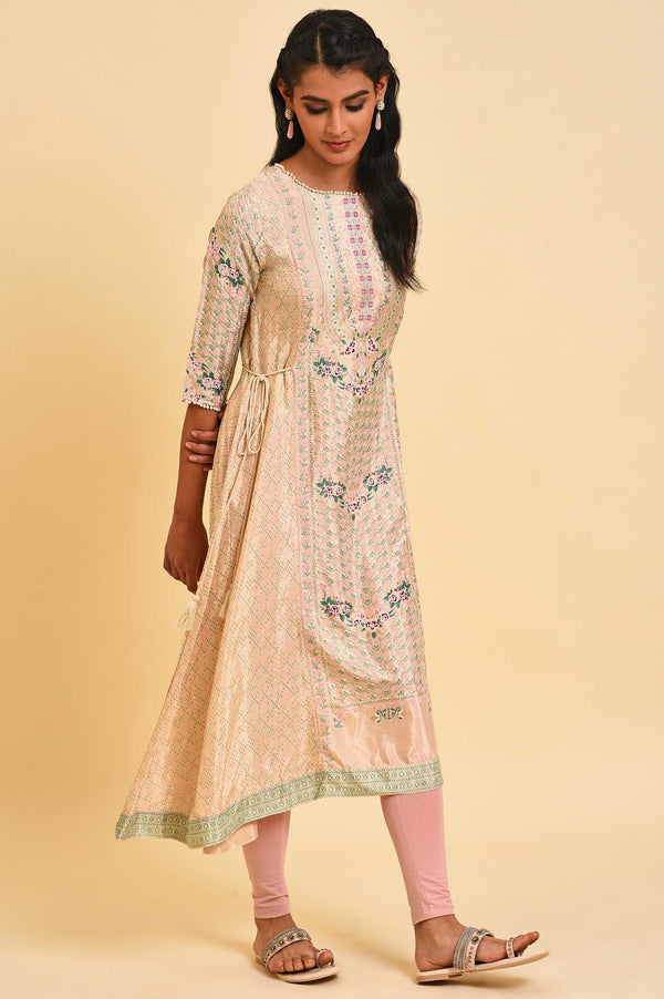 Biege Glitter Printed Flared kurta With Embroidery