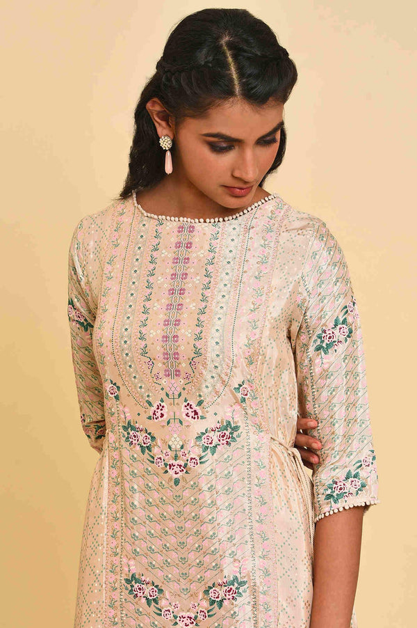 Biege Glitter Printed Flared kurta With Embroidery