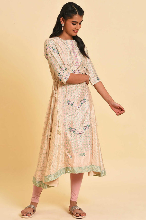 Biege Glitter Printed Flared kurta With Embroidery