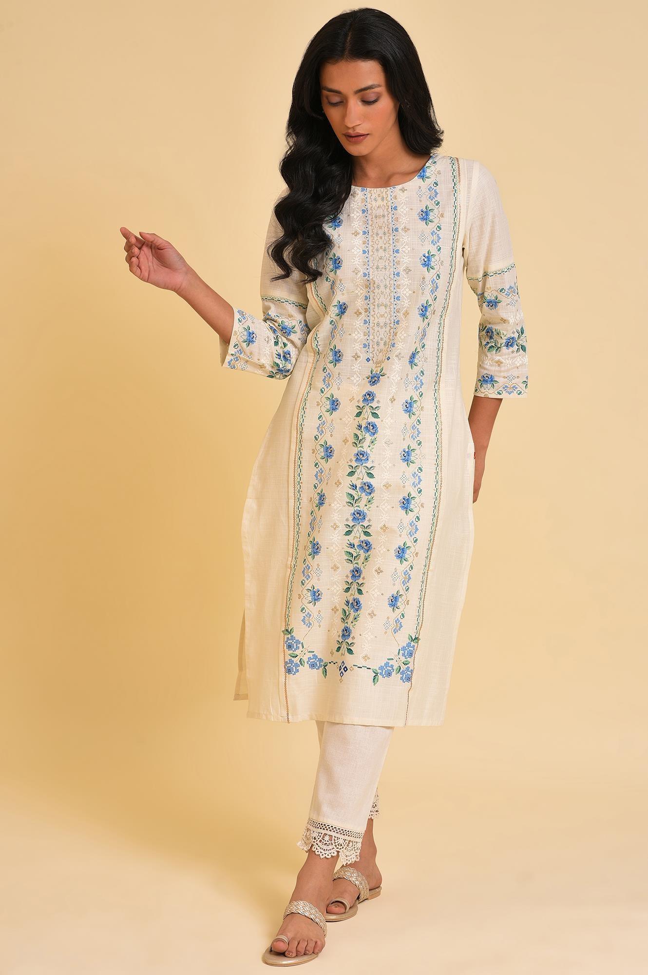 Ecru Glitter Printed Straight Summer kurta - wforwoman