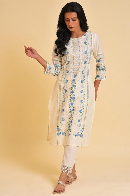 Ecru Glitter Printed Straight Summer kurta - wforwoman