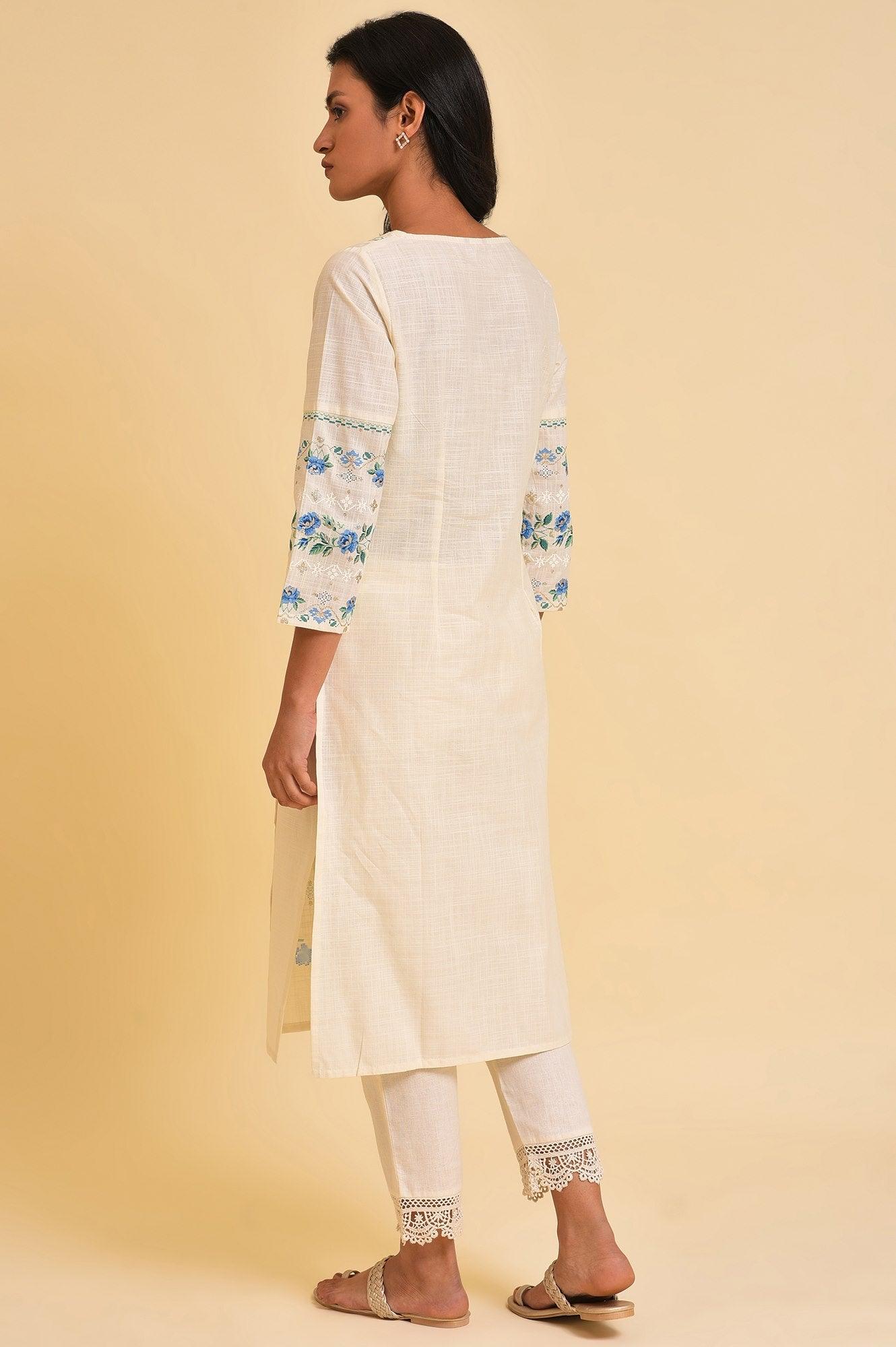 Ecru Glitter Printed Straight Plus Size Summer kurta - wforwoman