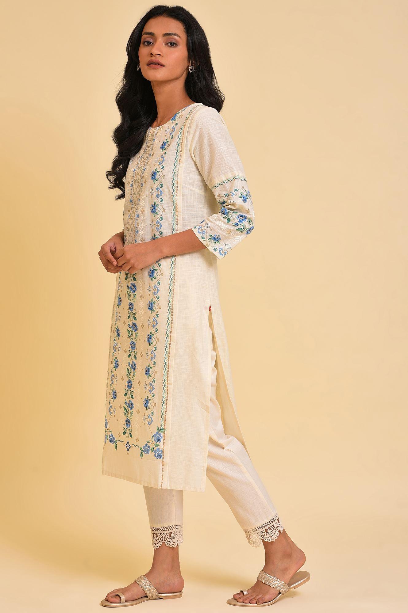 Ecru Glitter Printed Straight Plus Size Summer kurta - wforwoman