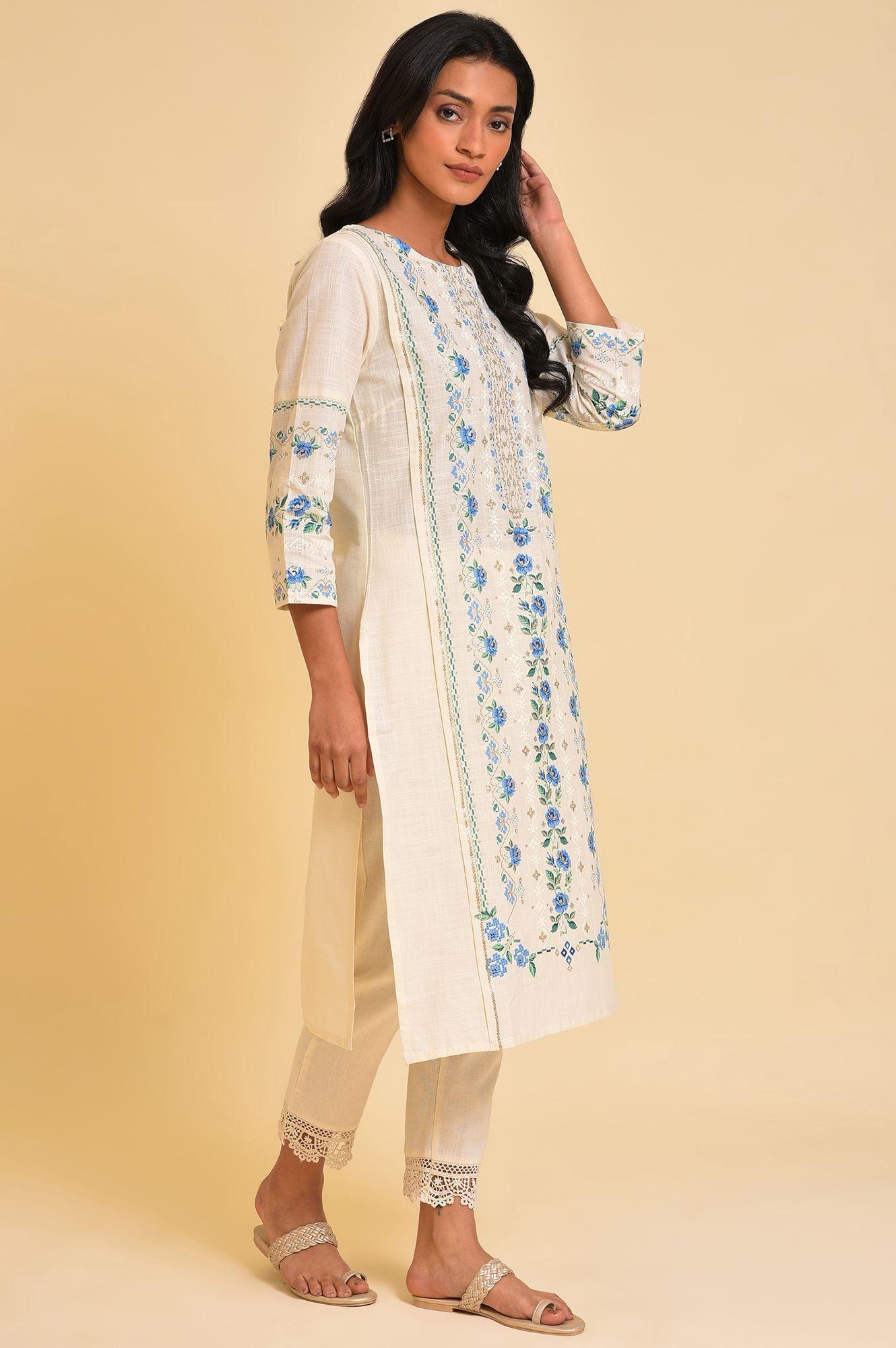 Ecru Glitter Printed Straight Plus Size Summer kurta - wforwoman