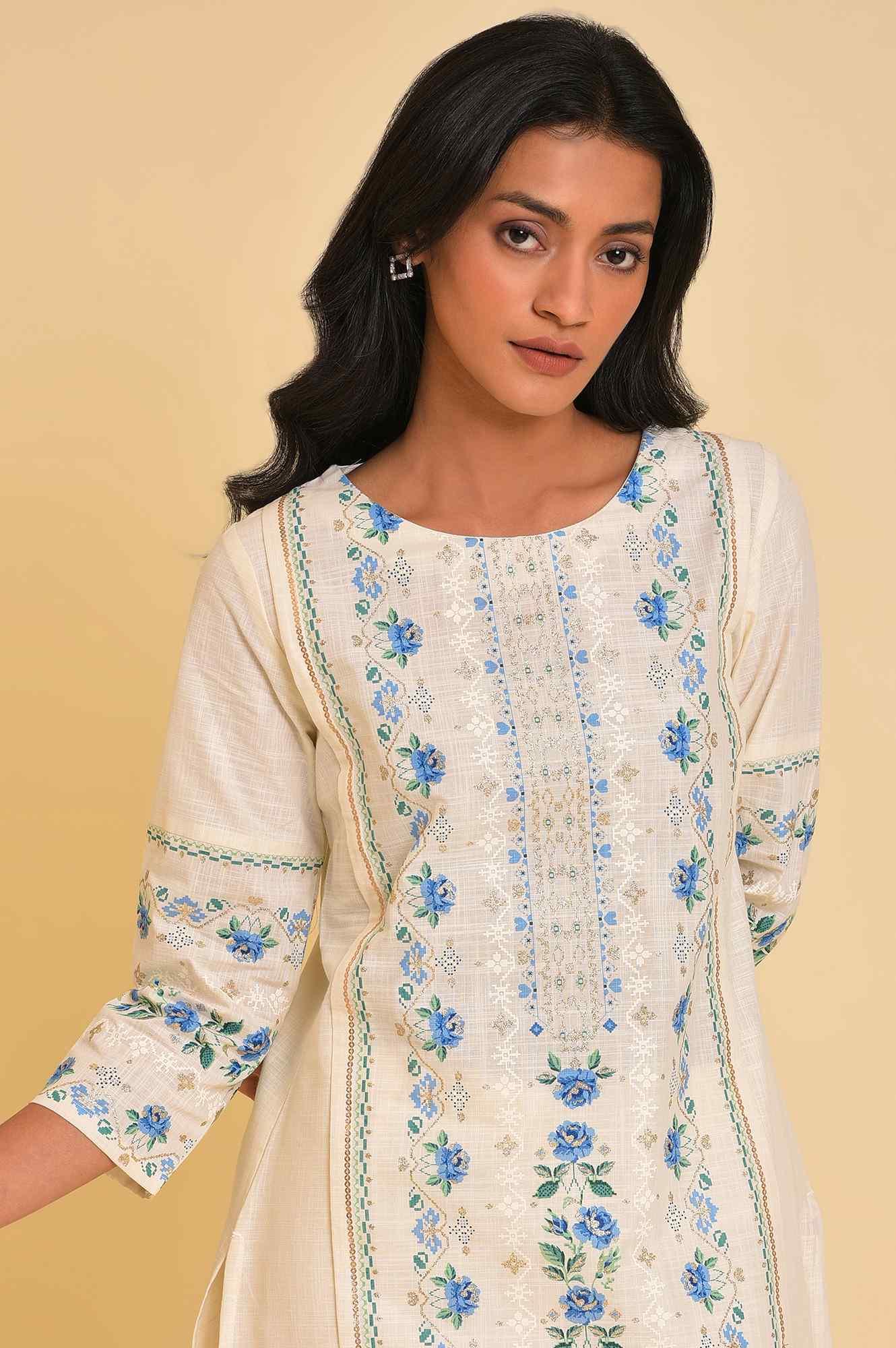 Ecru Glitter Printed Straight Summer kurta - wforwoman