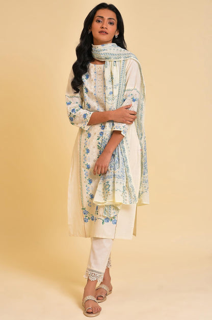 Ecru Glitter Printed Straight Summer kurta - wforwoman