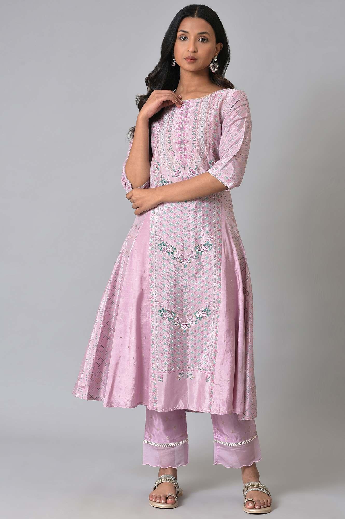 Plus Size Light Purple A-Line Shatung kurta - wforwoman