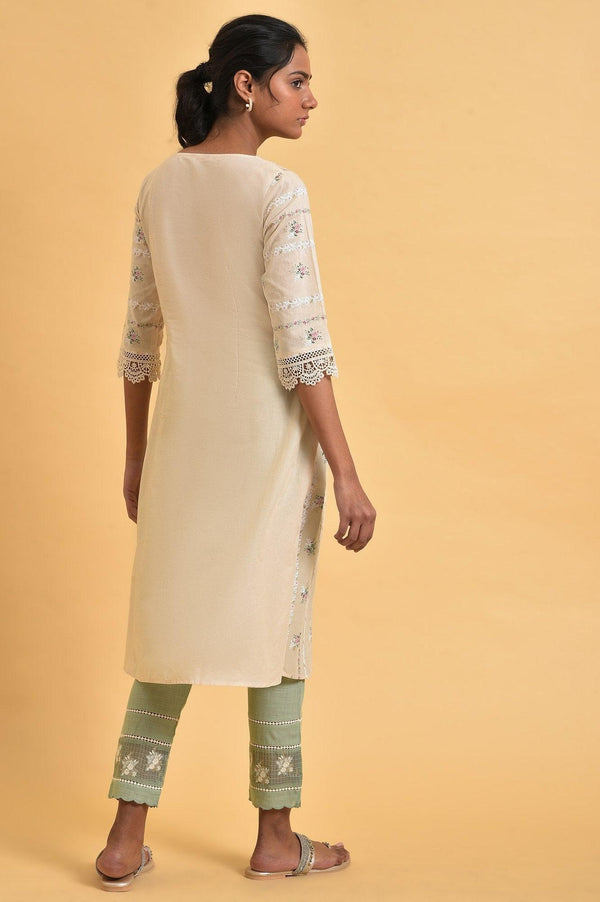 Beige Floral Print Round Neck Cotton kurta