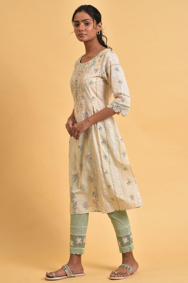 Beige Floral Print Round Neck Cotton kurta