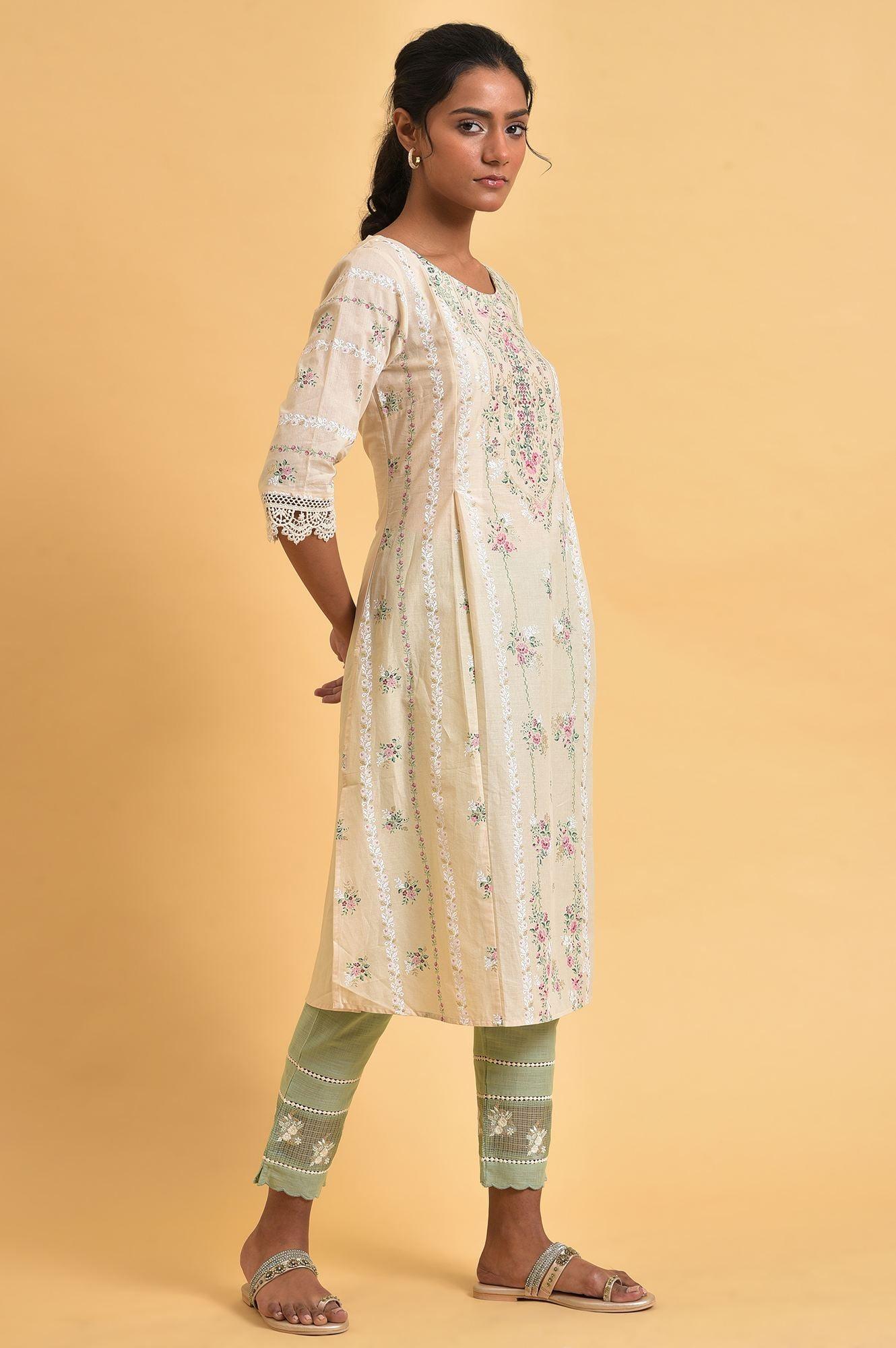 Beige Floral Print Round Neck Plus Size Cotton kurta - wforwoman