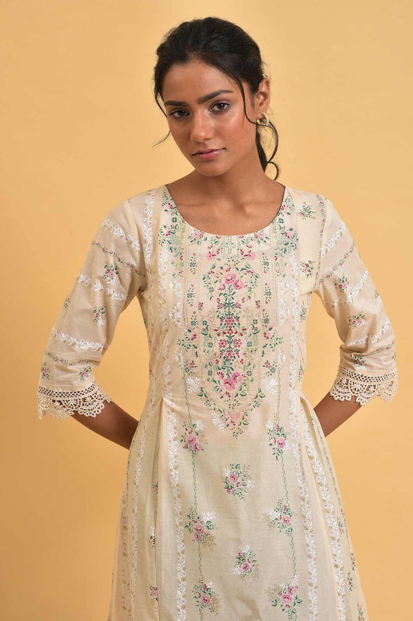 Beige Floral Print Round Neck Plus Size Cotton kurta